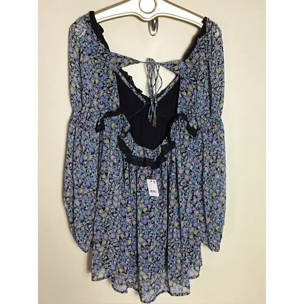 Free People Pennie Mini Dress floral print, long blouson sleeves lace trim XS